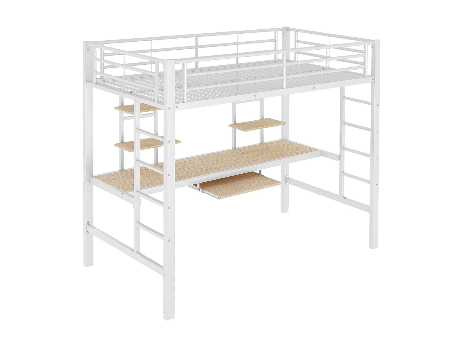 Hochbett 90x200cm – mit Schreibtisch und Regalen – Metallrahmen – Weiß