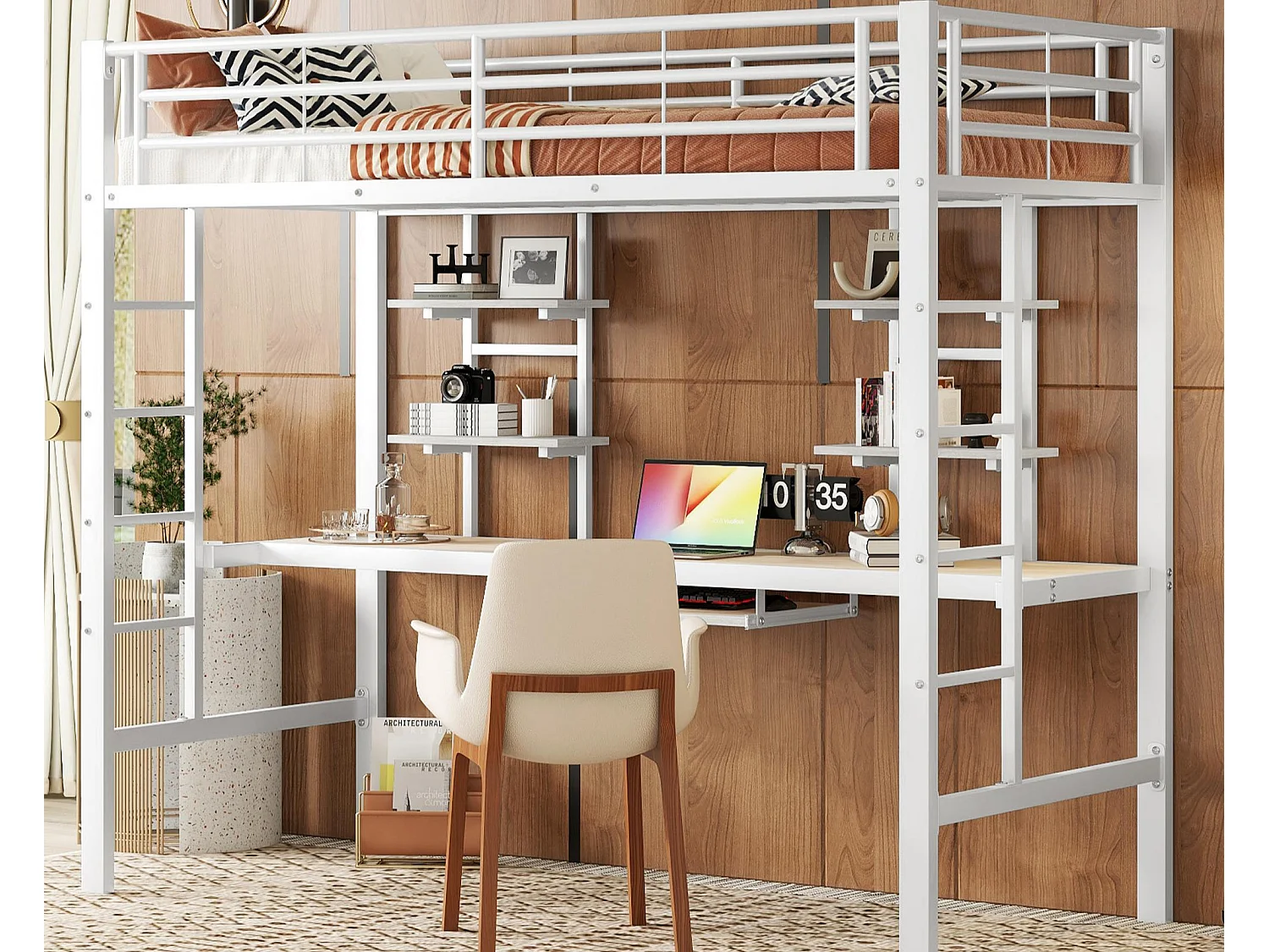 Hochbett 90x200cm – mit Schreibtisch und Regalen – Metallrahmen – Weiß