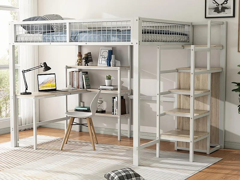 Cama alta 140x200 cm - estructura de hierro - con escritorio y estantes - Blanco