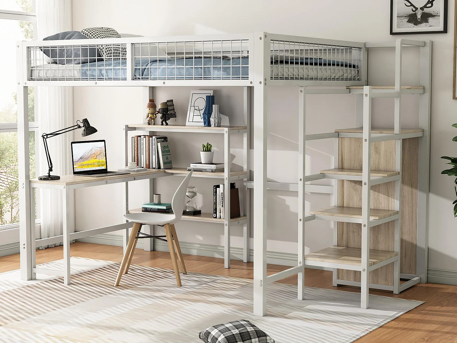 Lit mezzanine 140x200 cm - cadre en fer - avec un bureau et étagères - Blanc