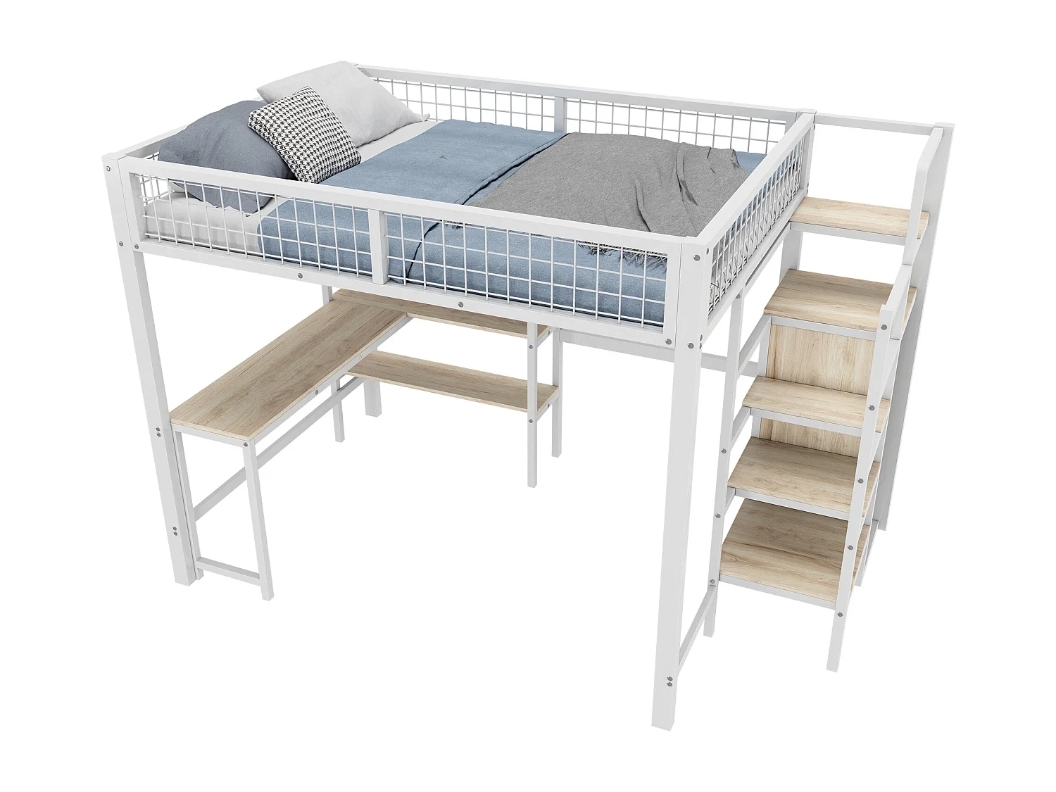 Lit mezzanine 140x200 cm - cadre en fer - avec un bureau et étagères - Blanc