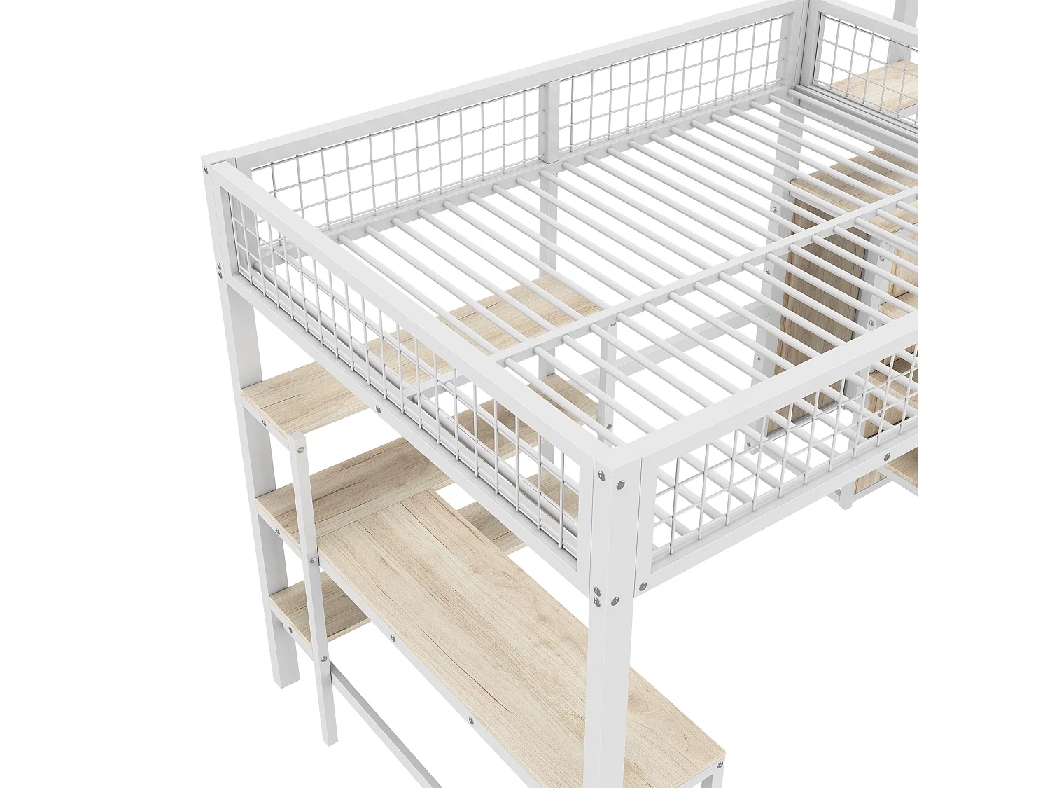 Lit mezzanine 140x200 cm - cadre en fer - avec un bureau et étagères - Blanc