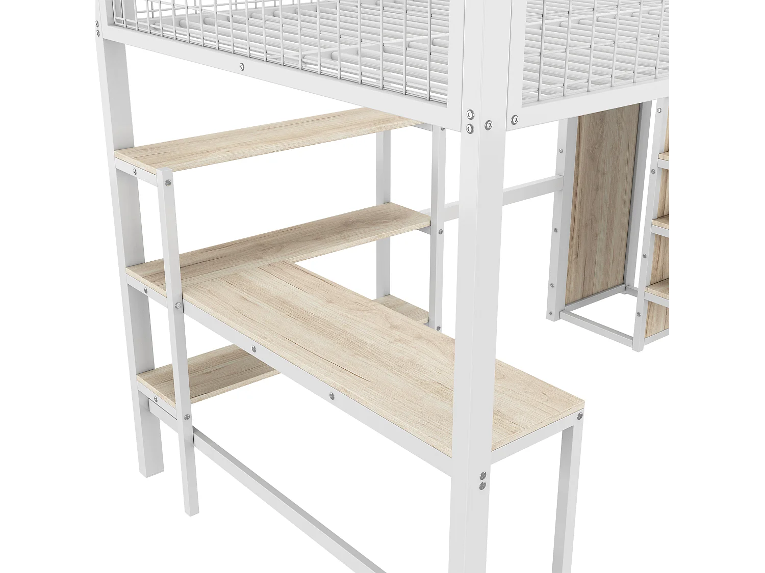 Lit mezzanine 140x200 cm - cadre en fer - avec un bureau et étagères - Blanc