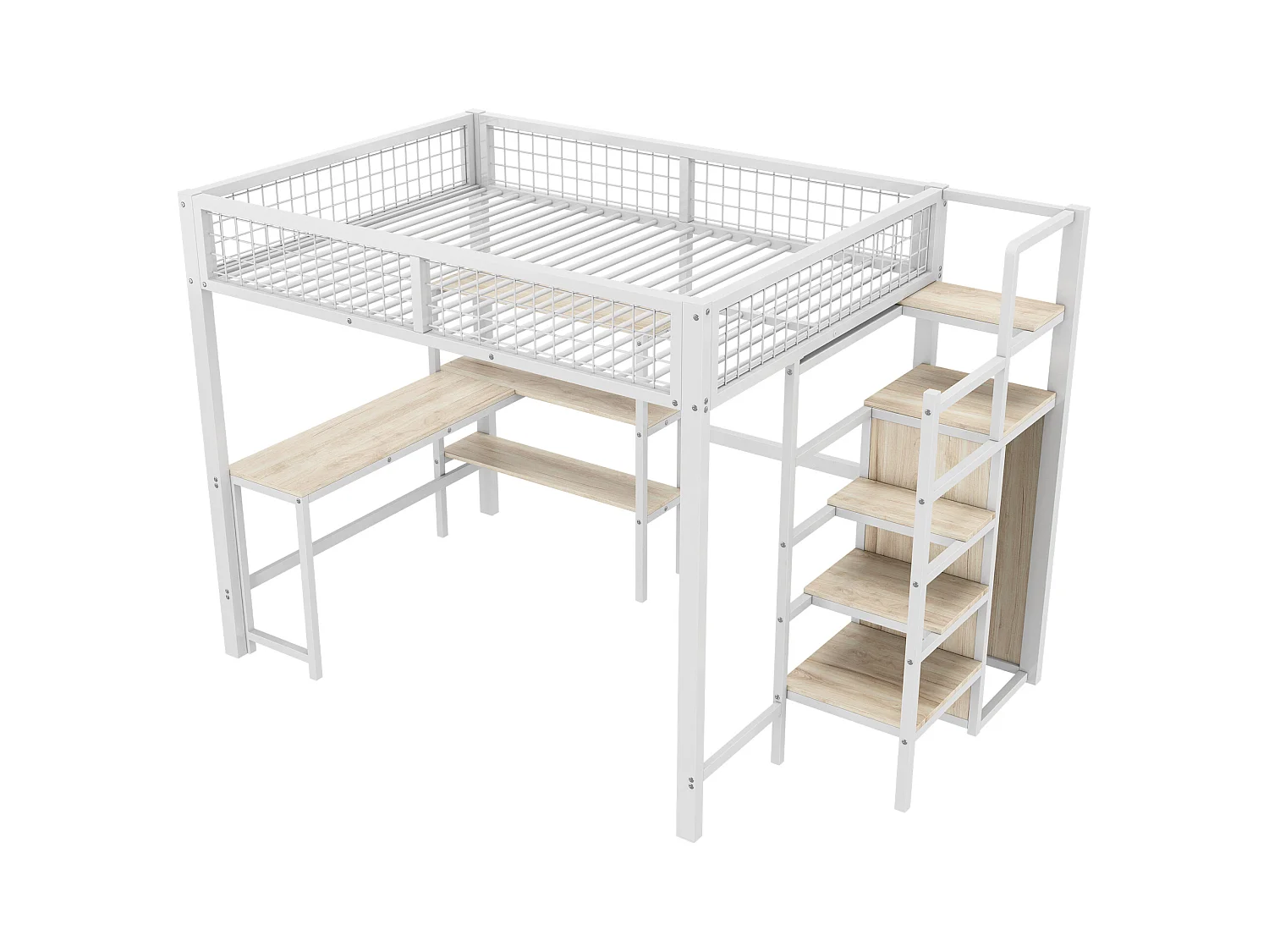 Hoogslaper 140x200 cm - ijzeren frame - met bureau en planken - Wit