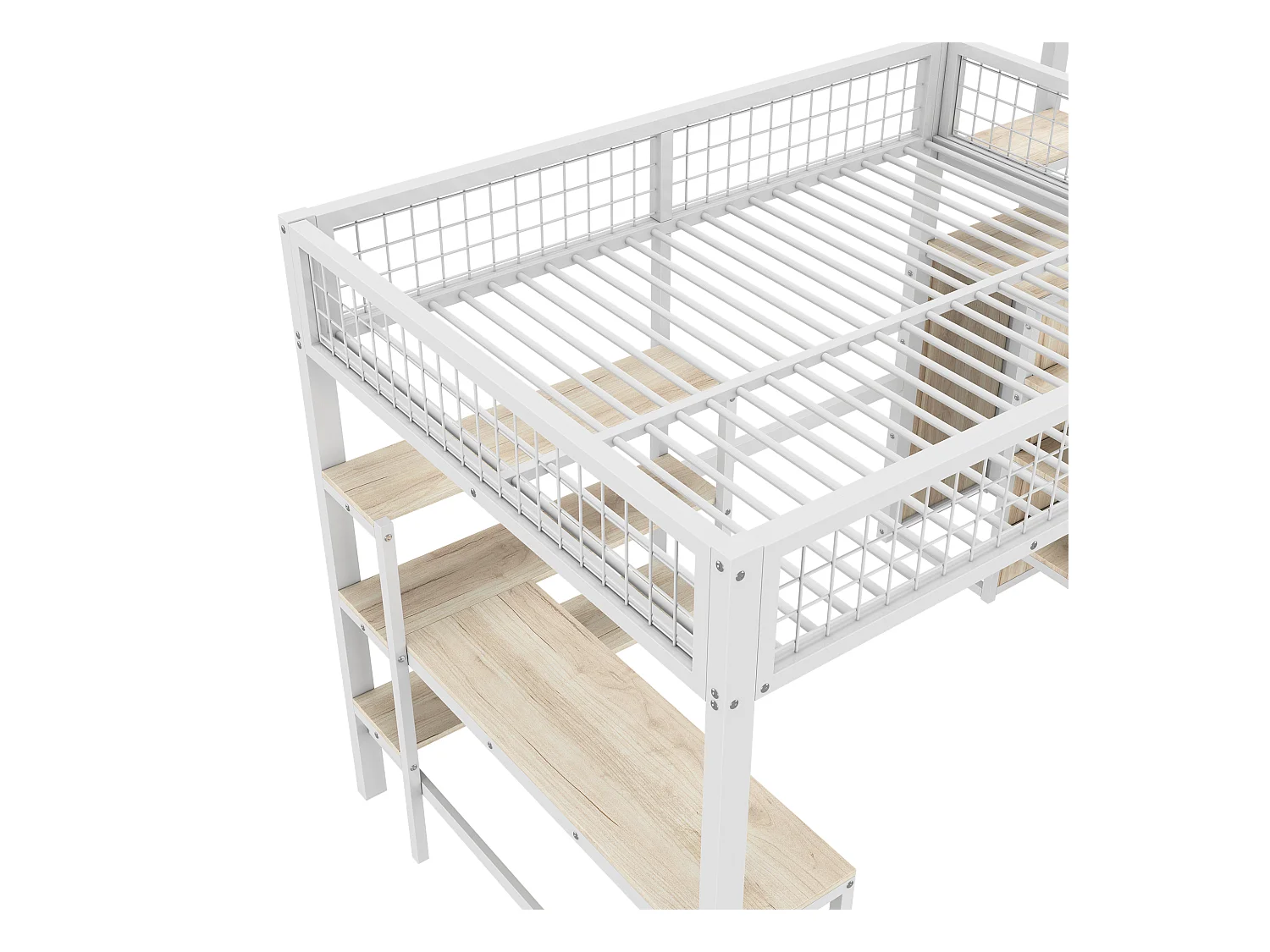 Hoogslaper 140x200 cm - ijzeren frame - met bureau en planken - Wit