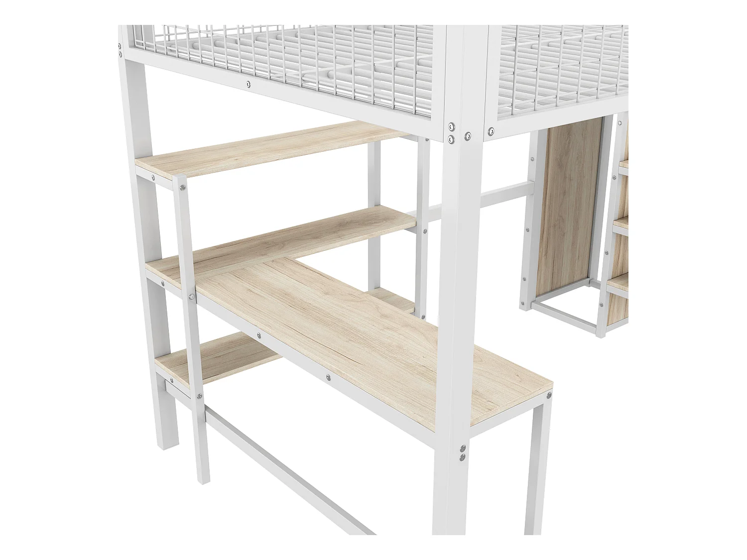 Hoogslaper 140x200 cm - ijzeren frame - met bureau en planken - Wit