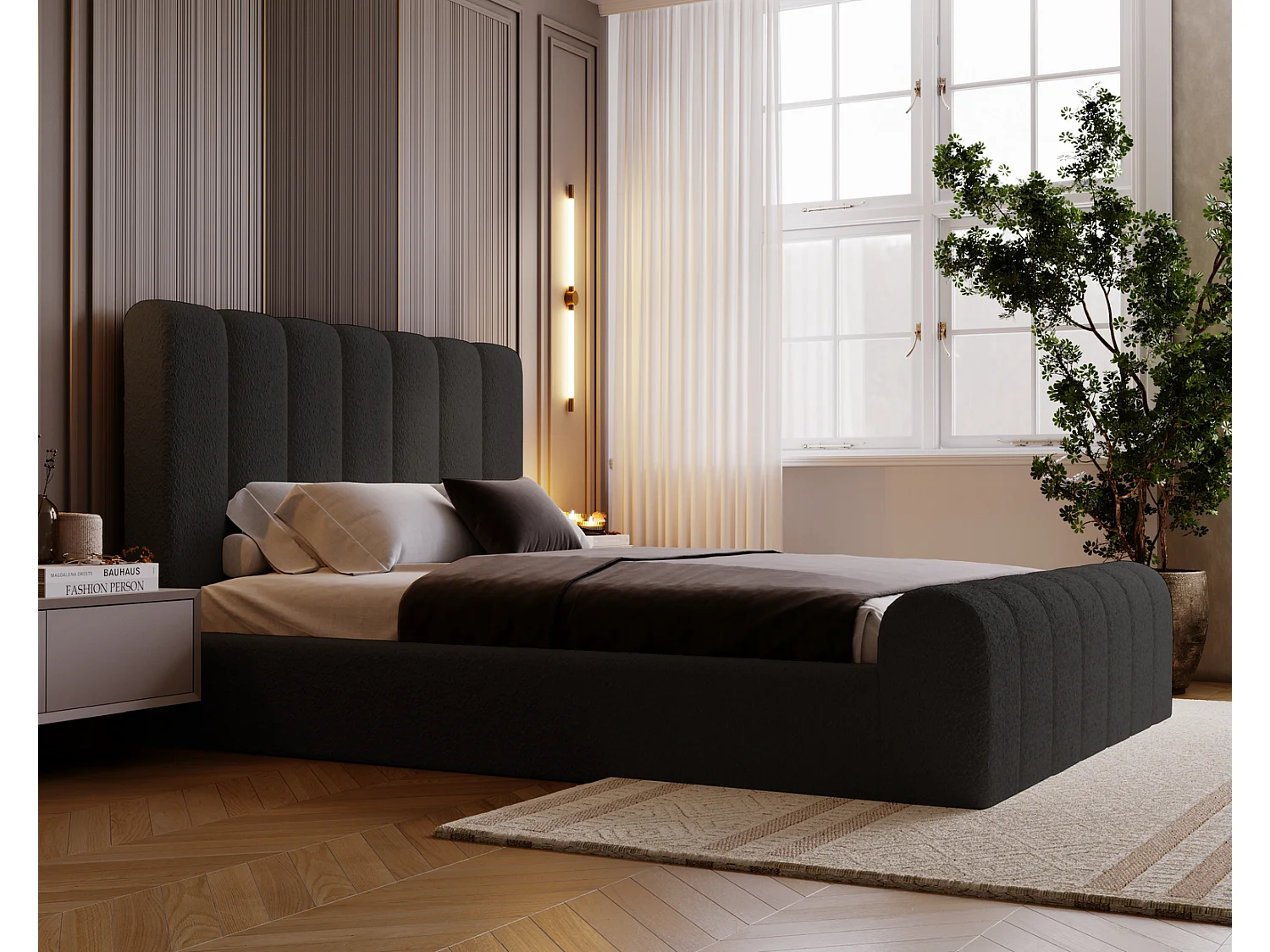 Emporius bed bouclé 160x200 Valetta - Gestoffeerd bed met opbergruimte, luxe bed met lattenbodem en bedlade - tweepersoonsbed 160x200 - Zwart (Anthology 19)