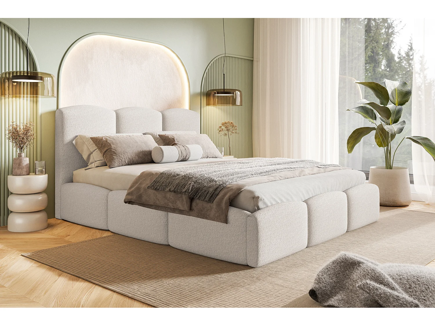 Emporius bed 140x200 Roma Slim - tweepersoonsbed met opbergruimte, lattenbodem - Bouclé Crème (Anthology 1)
