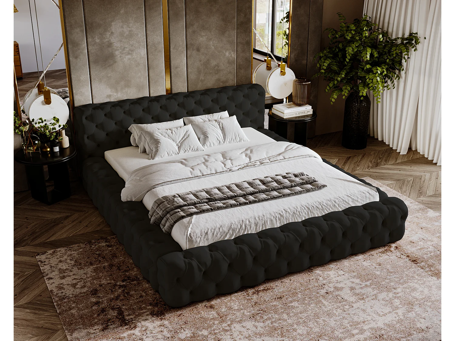 Emporius gestoffeerd bed 140x200 Vigo, bed met lattenbodem - tweepersoonsbed 140x200 cm, groot hoofdeinde - fluwelen Zwart (Amor Velvet 4322)