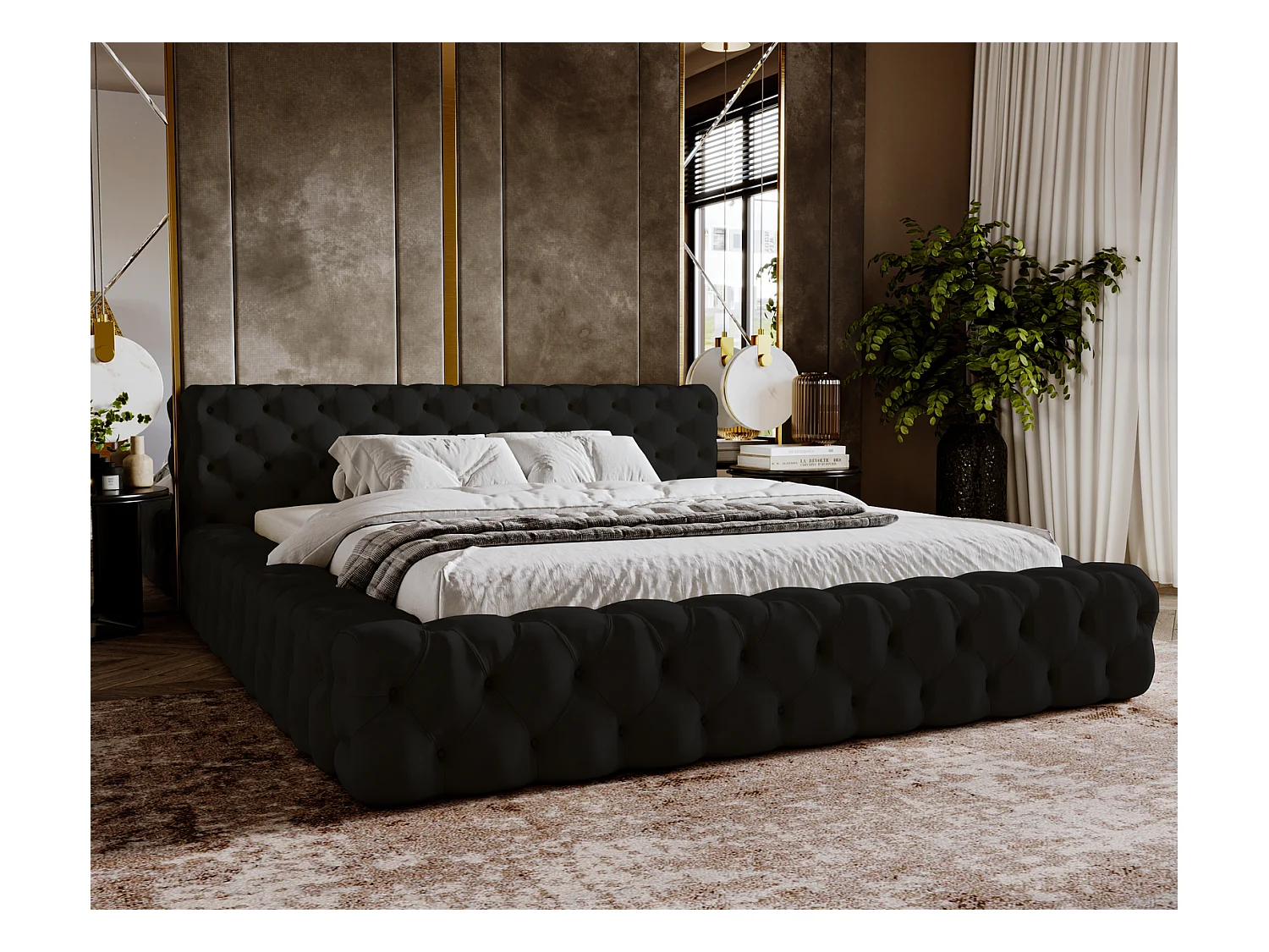 Emporius Lit rembourré avec rangement Vigo, Lit adulte 140x200 cm - Noir (Amor Velvet 4322)