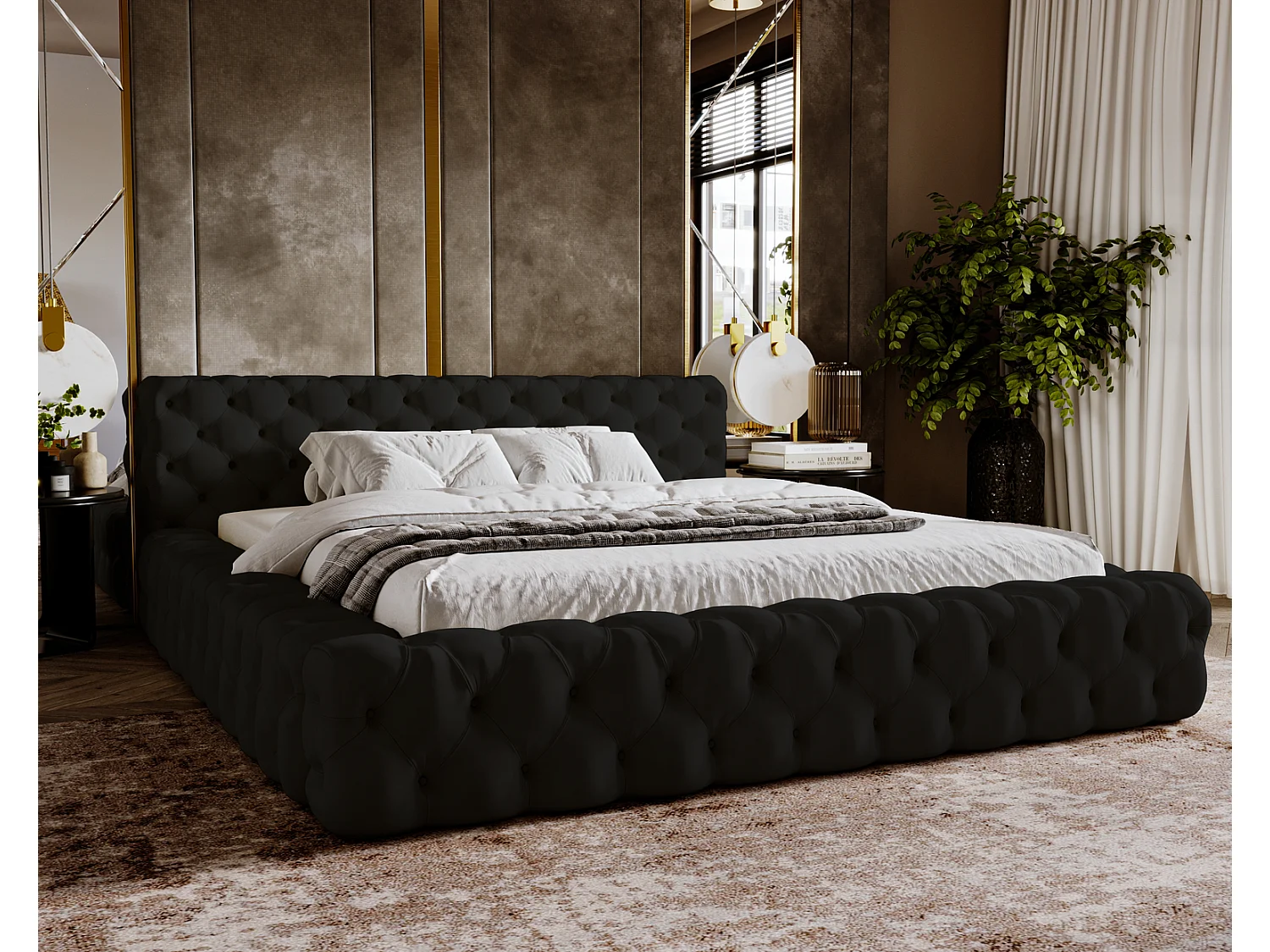 Emporius Lit rembourré avec rangement Vigo, Lit adulte 140x200 cm - Noir (Amor Velvet 4322)