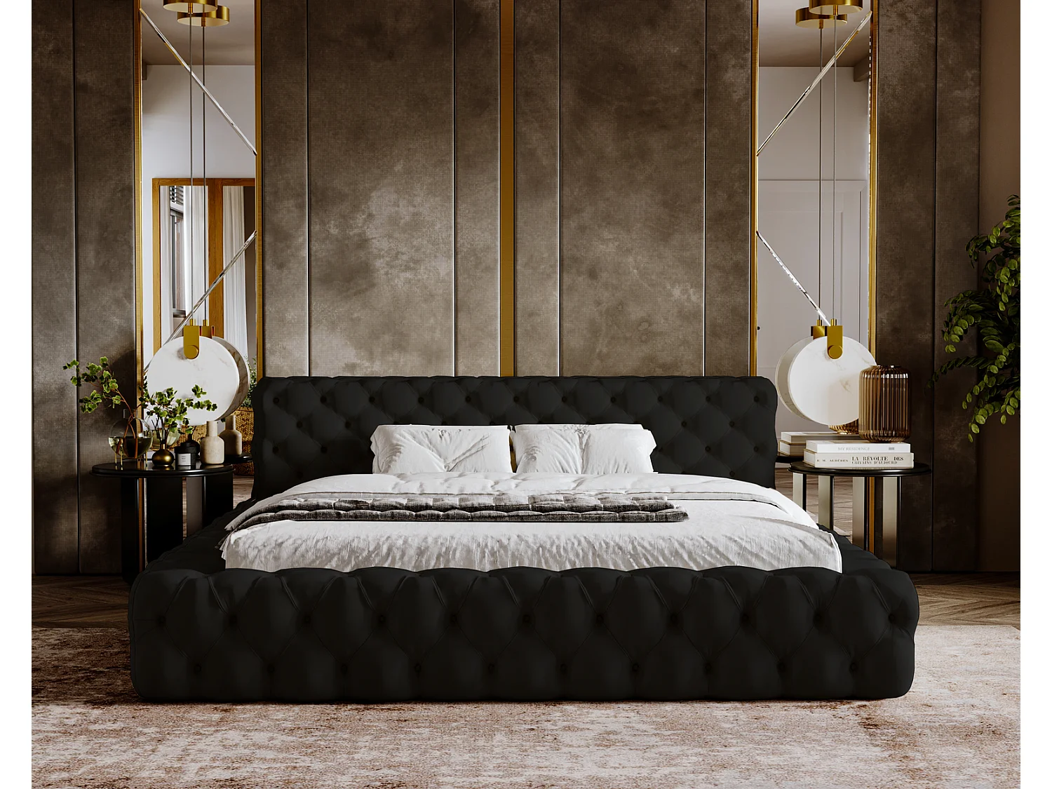 Emporius Lit rembourré avec rangement Vigo, Lit adulte 140x200 cm - Noir (Amor Velvet 4322)