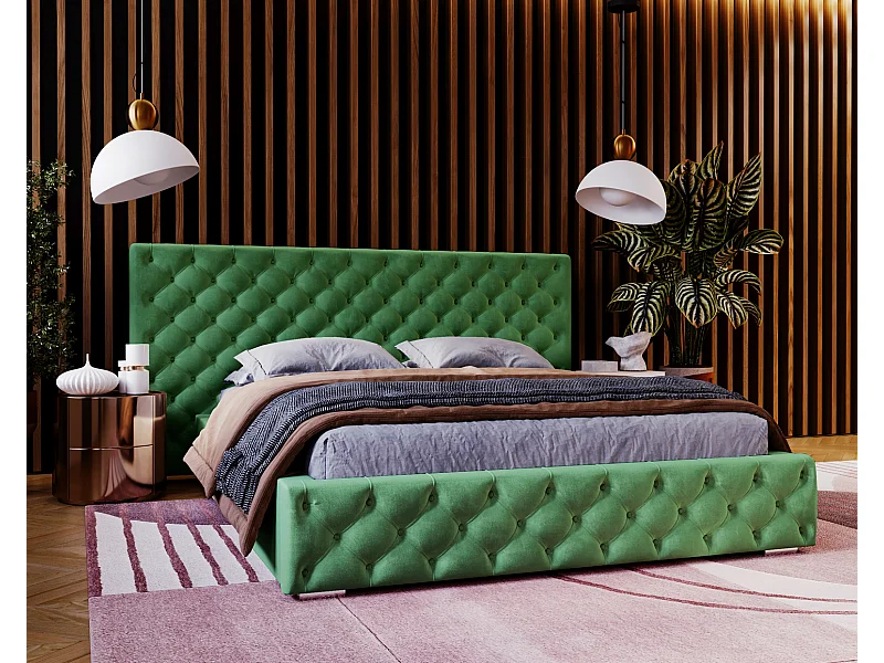 Emporius Lit double 140x200 Bella - Chesterfield Lit, tissu Velvet, Rangement, Sommier à Lattes - Lit double Vert (Magic Velvet 2225)