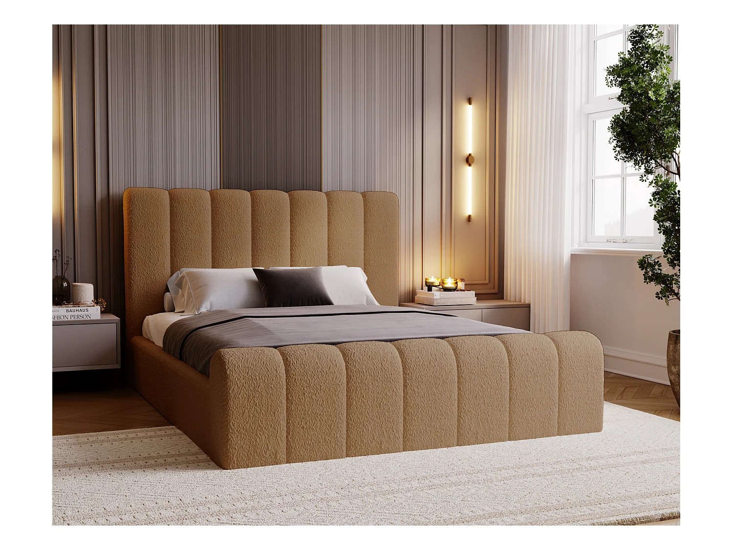 Emporius Lit 200x200 Valetta - Lit Rembourré avec Rangement, Sommier à Lattes, Lit adulte 200x200 bouclé - Orange (Anthology 10)