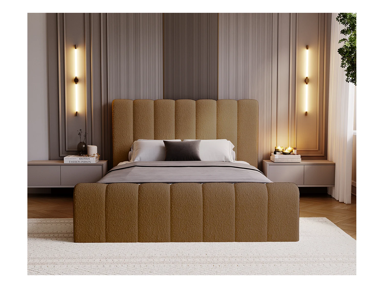 Emporius Lit 200x200 Valetta - Lit Rembourré avec Rangement, Sommier à Lattes, Lit adulte 200x200 bouclé - Orange (Anthology 10)