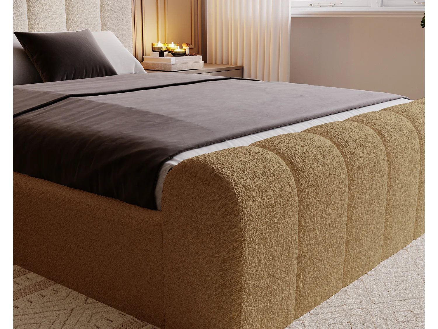 Emporius bed bouclé 200x200 Valetta - Gestoffeerd bed met opbergruimte, luxe bed met lattenbodem en bedlade - tweepersoonsbed 200x200 - Oranje (Anthology 10)