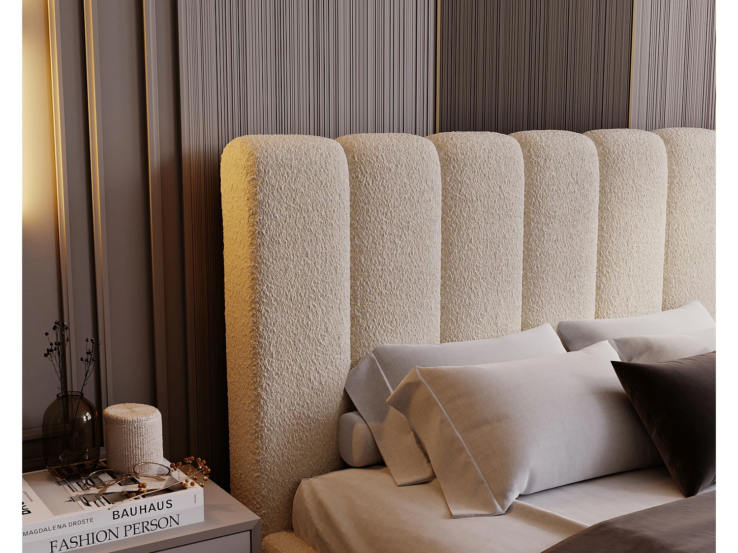 Emporius bed bouclé 160x200 Valetta - Gestoffeerd bed met opbergruimte, luxe bed met lattenbodem en bedlade - tweepersoonsbed 140x200 - Crème (Anthology 1)