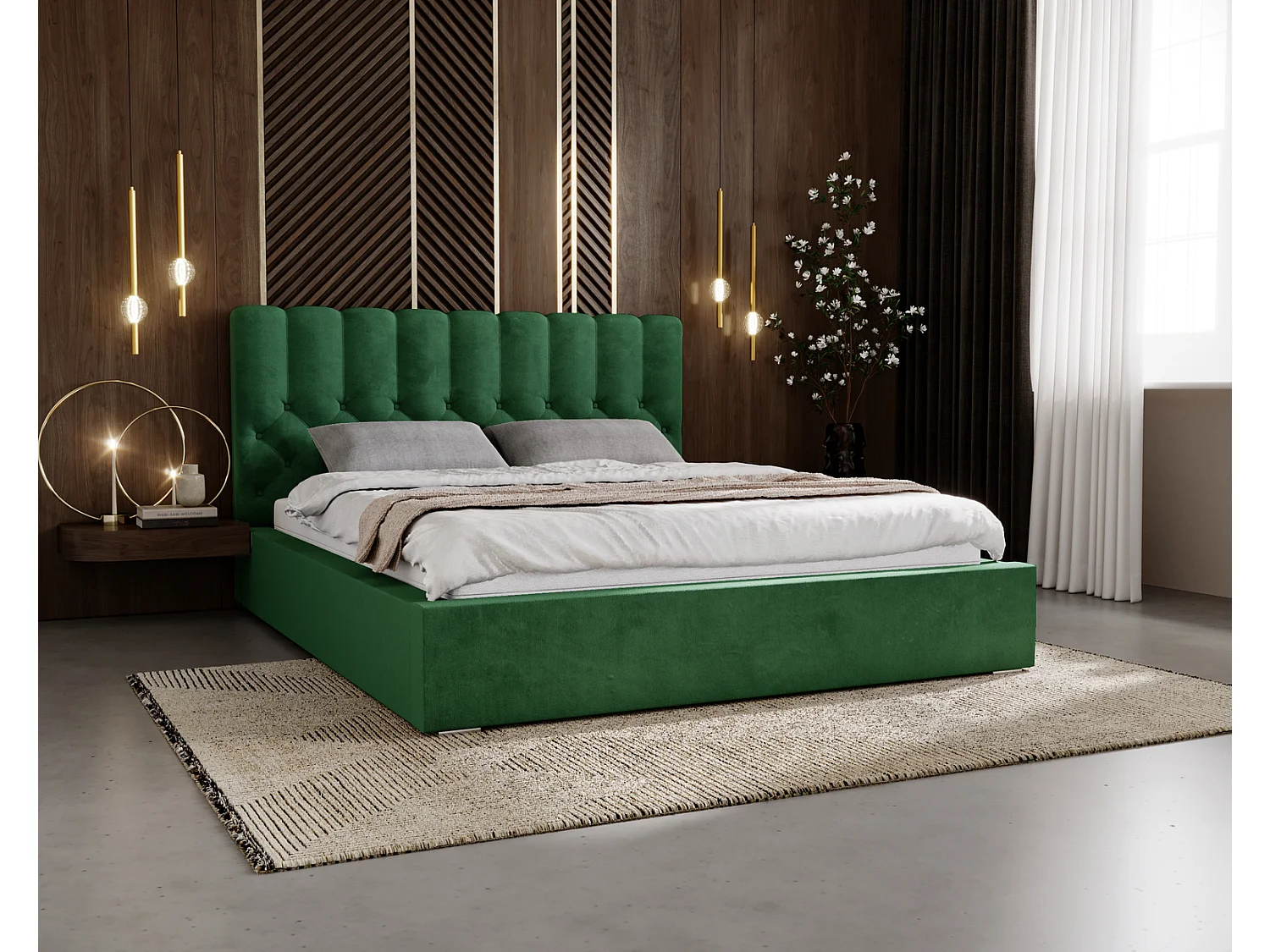 Emporius Sevilla łóżko 180x200 cm z pojemnikiem - glamour, pikowanie chesterfield, tkanina velvet - łóżko tapicerowane 180x200 zielony (Magic Velvet 2225)