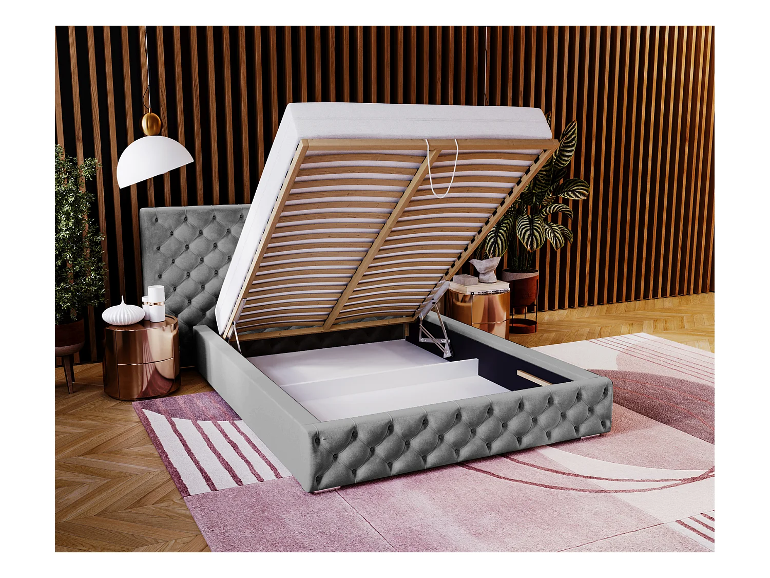 Emporius Lit double 140x200 Bella - Chesterfield Lit, tissu Velvet, Rangement, Sommier à Lattes - Lit double Gris (Magic Velvet 2217)