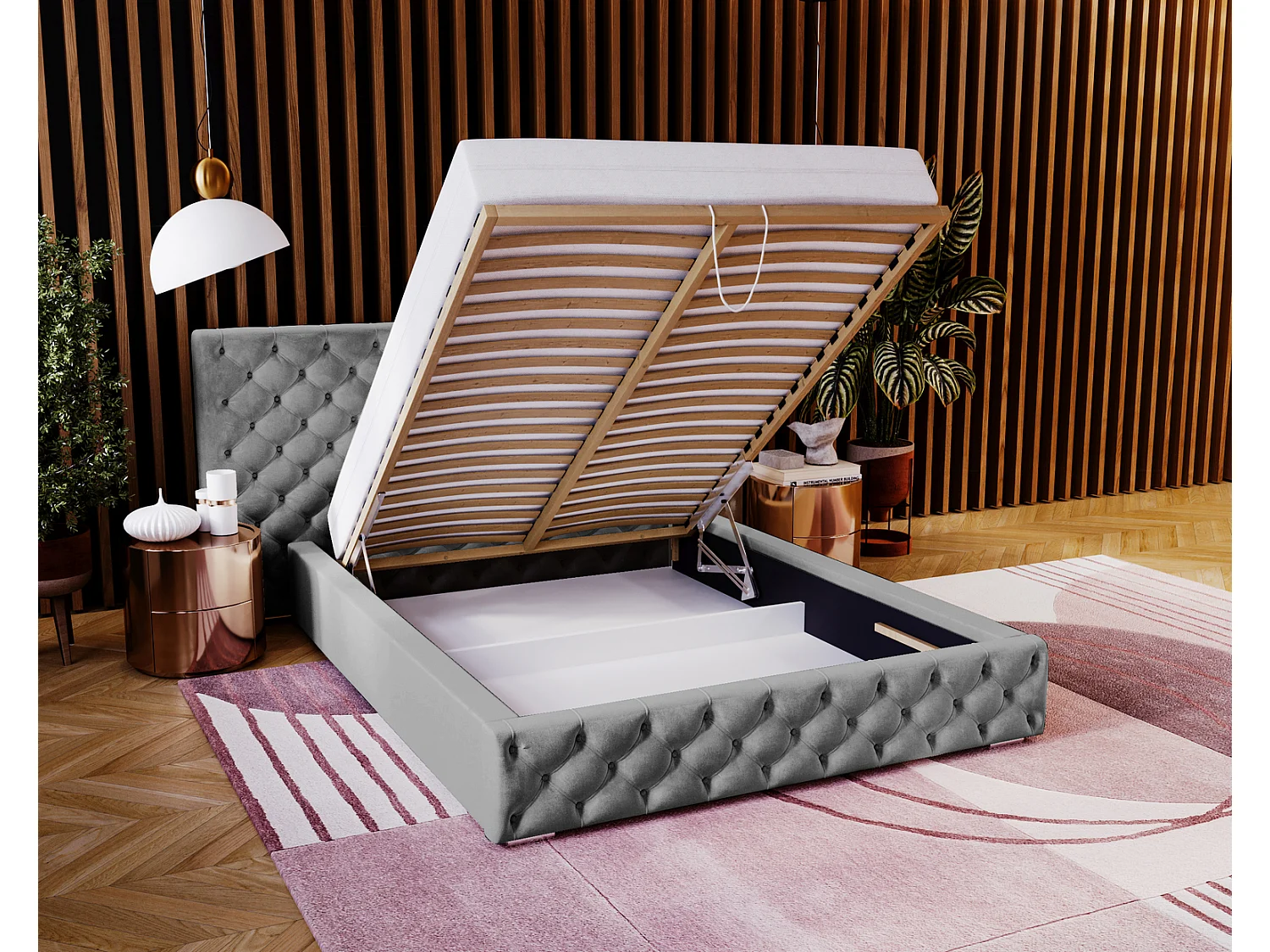 Emporius Lit double 140x200 Bella - Chesterfield Lit, tissu Velvet, Rangement, Sommier à Lattes - Lit double Gris (Magic Velvet 2217)