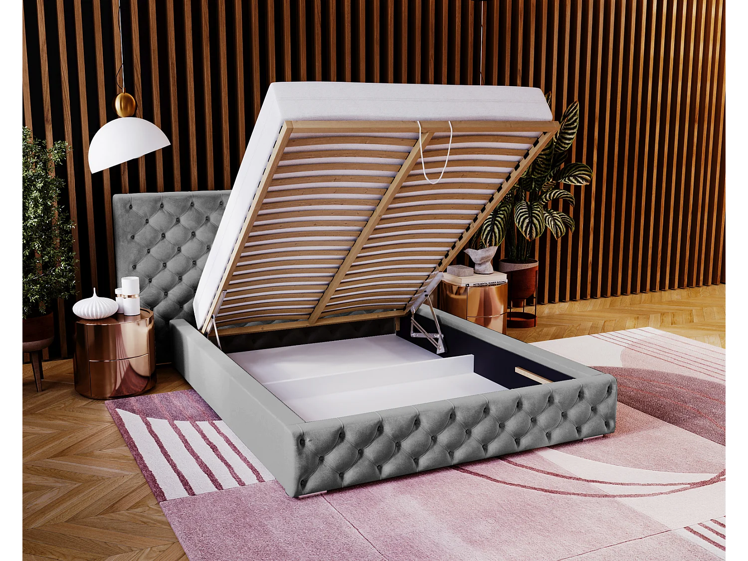 Emporius tweepersoonsbed 140x200 Bella, glamourstijl - gestoffeerd bed, chesterfield, opbergruimte - fluweel Grijs (Magic Velvet 2217)