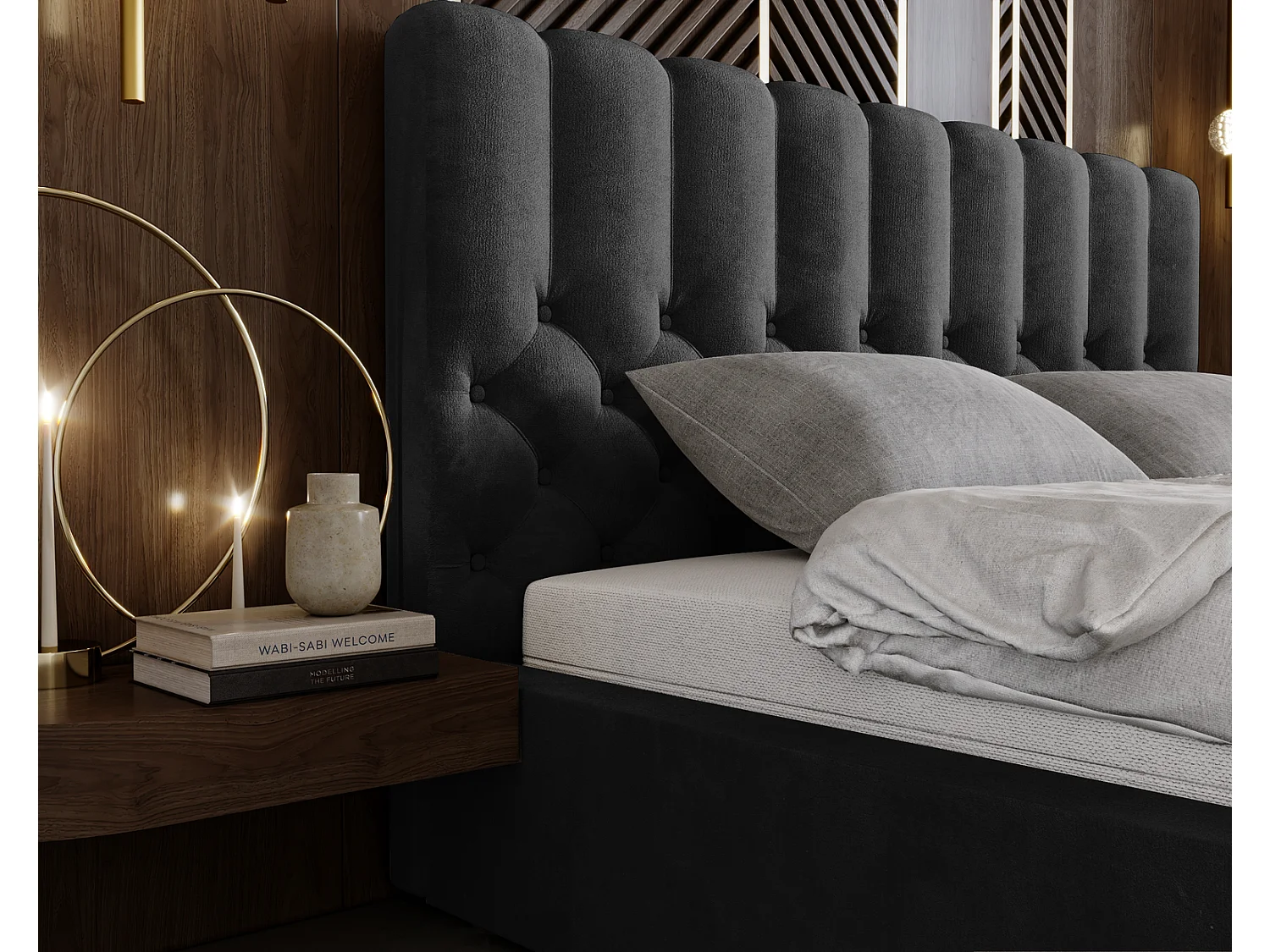 Emporius Lit rembourré 140x200 Sevilla - tête de lit, Haute rembourrée, Rangement - Lit chesterfield Noir (Magic Velvet 2219)