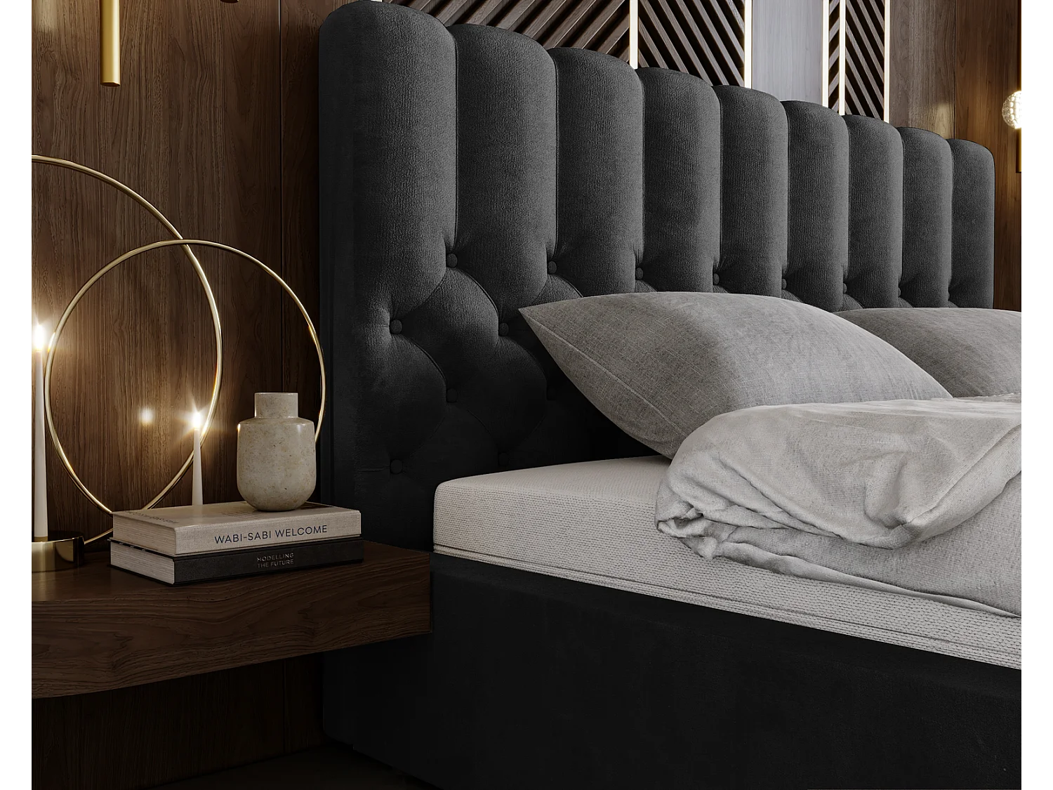 Emporius gestoffeerd bed 140x200 Sevilla, glamourstijl - Tweepersoonsbed 140x200 cm - fluwelen Zwart (Magic Velvet 2219)