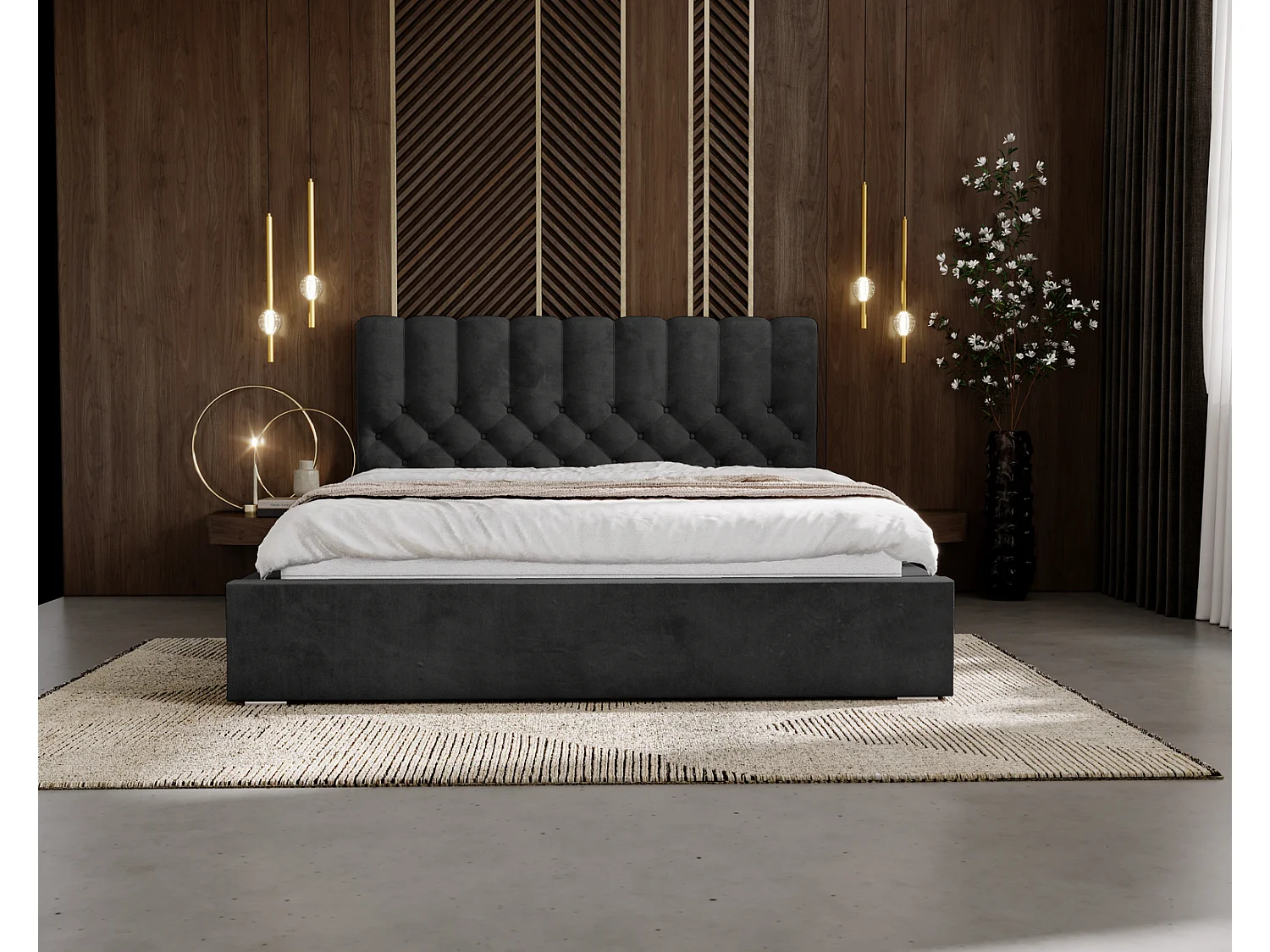 Emporius Lit rembourré 140x200 Sevilla - tête de lit, Haute rembourrée, Rangement - Lit chesterfield Noir (Magic Velvet 2219)