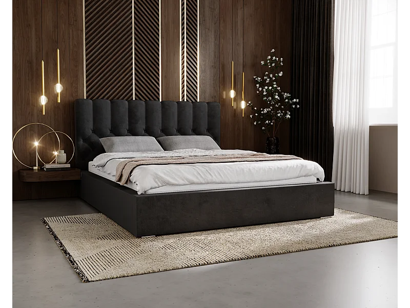 Emporius gestoffeerd bed 140x200 Sevilla, glamourstijl - Tweepersoonsbed 140x200 cm - fluwelen Zwart (Magic Velvet 2219)