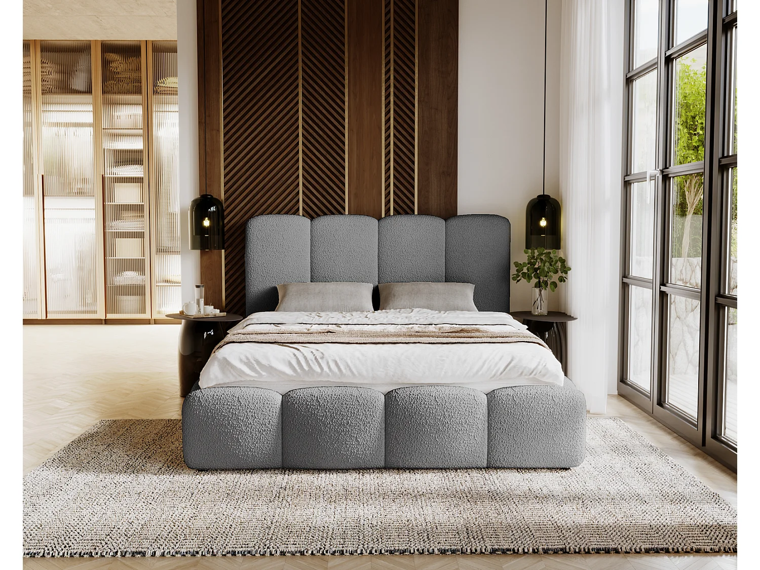 Emporius gestoffeerd bed 200x200 cm Merkad Bouclé - bed met lattenbodem en bedlade, Bouclé - Grijs (Anthology 17)