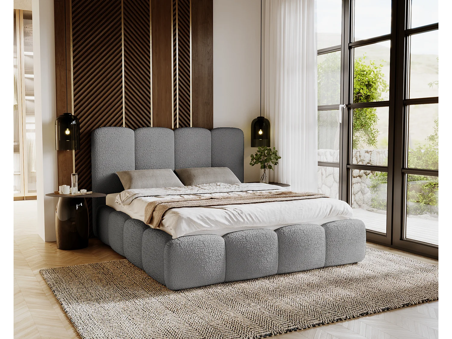 Emporius gestoffeerd bed 200x200 cm Merkad Bouclé - bed met lattenbodem en bedlade, Bouclé - Grijs (Anthology 17)