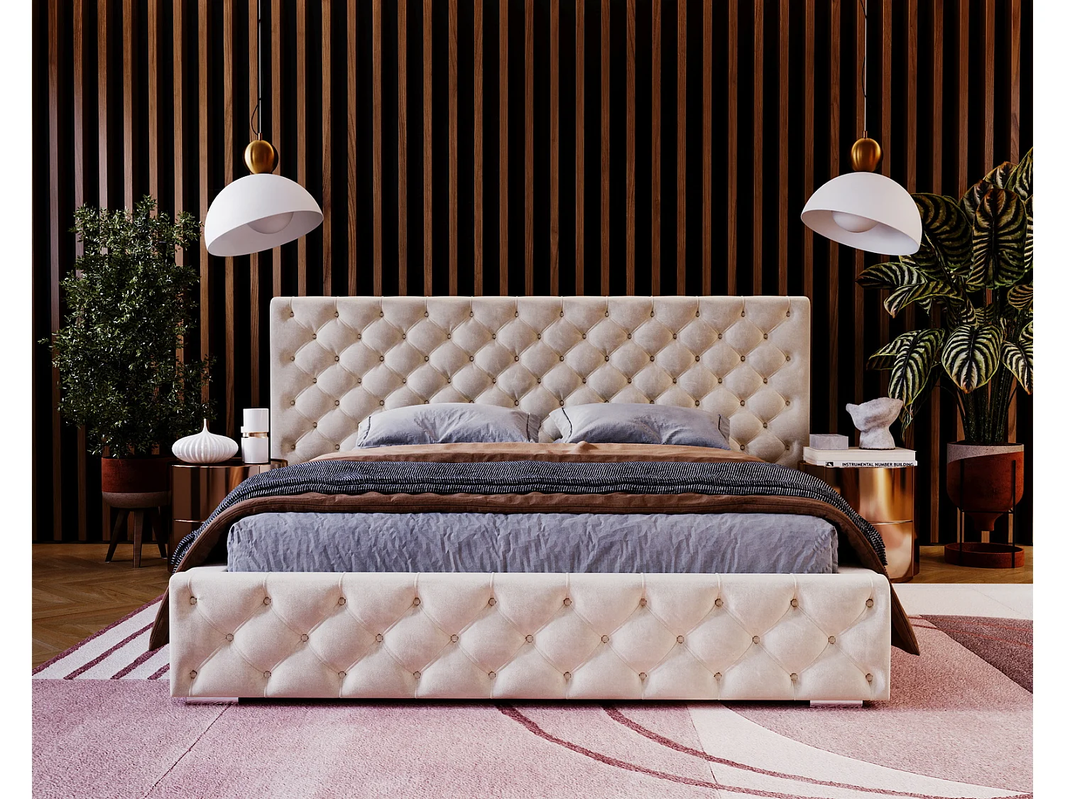 Emporius tweepersoonsbed 160x200 Bella, glamourstijl - gestoffeerd bed, chesterfield, opbergruimte - fluweel Beige (Magic Velvet 2201)