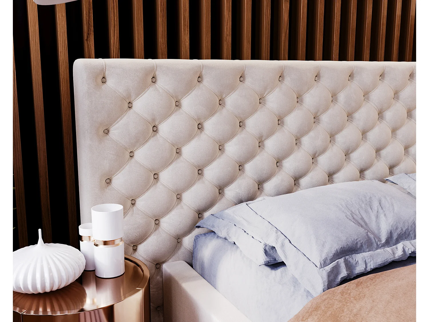 Emporius tweepersoonsbed 160x200 Bella, glamourstijl - gestoffeerd bed, chesterfield, opbergruimte - fluweel Beige (Magic Velvet 2201)