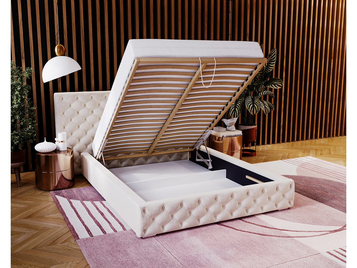 Emporius Lit double 160x200 Bella - Chesterfield Lit, tissu Velvet, Rangement, Sommier à Lattes - Lit double Beige (Magic Velvet 2201)