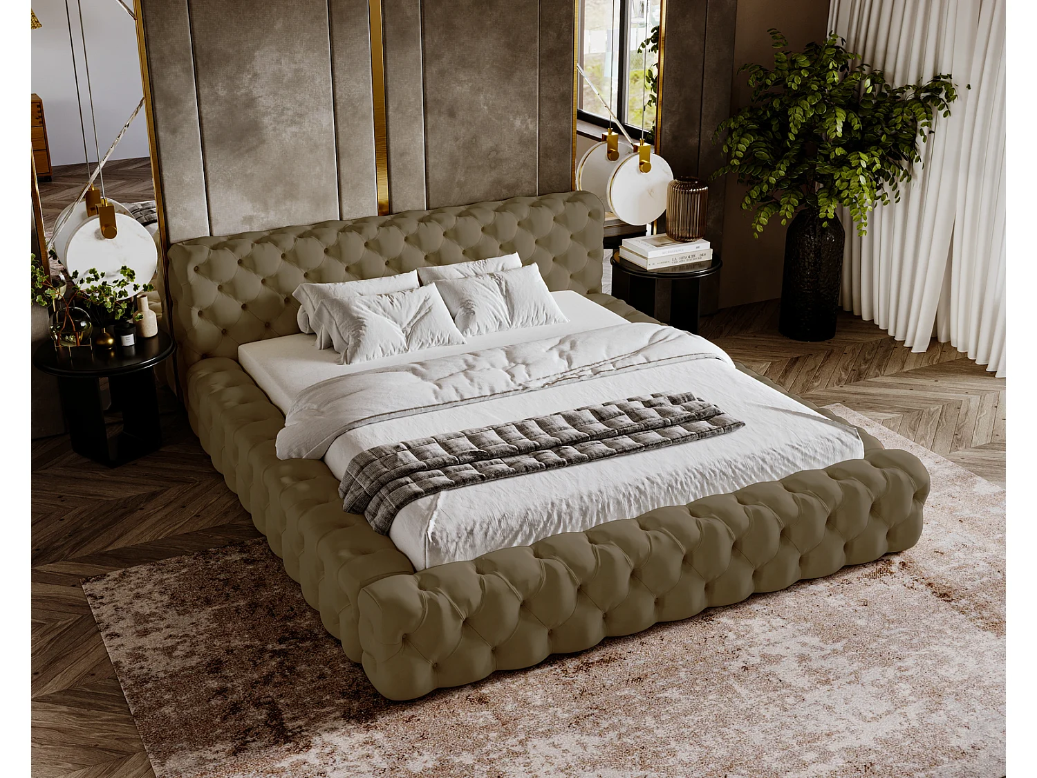 Emporius gestoffeerd bed 140x200 Vigo, bed met lattenbodem - tweepersoonsbed 140x200 cm, groot hoofdeinde - fluwelen Donkerbeige (Amor Velvet 4302)