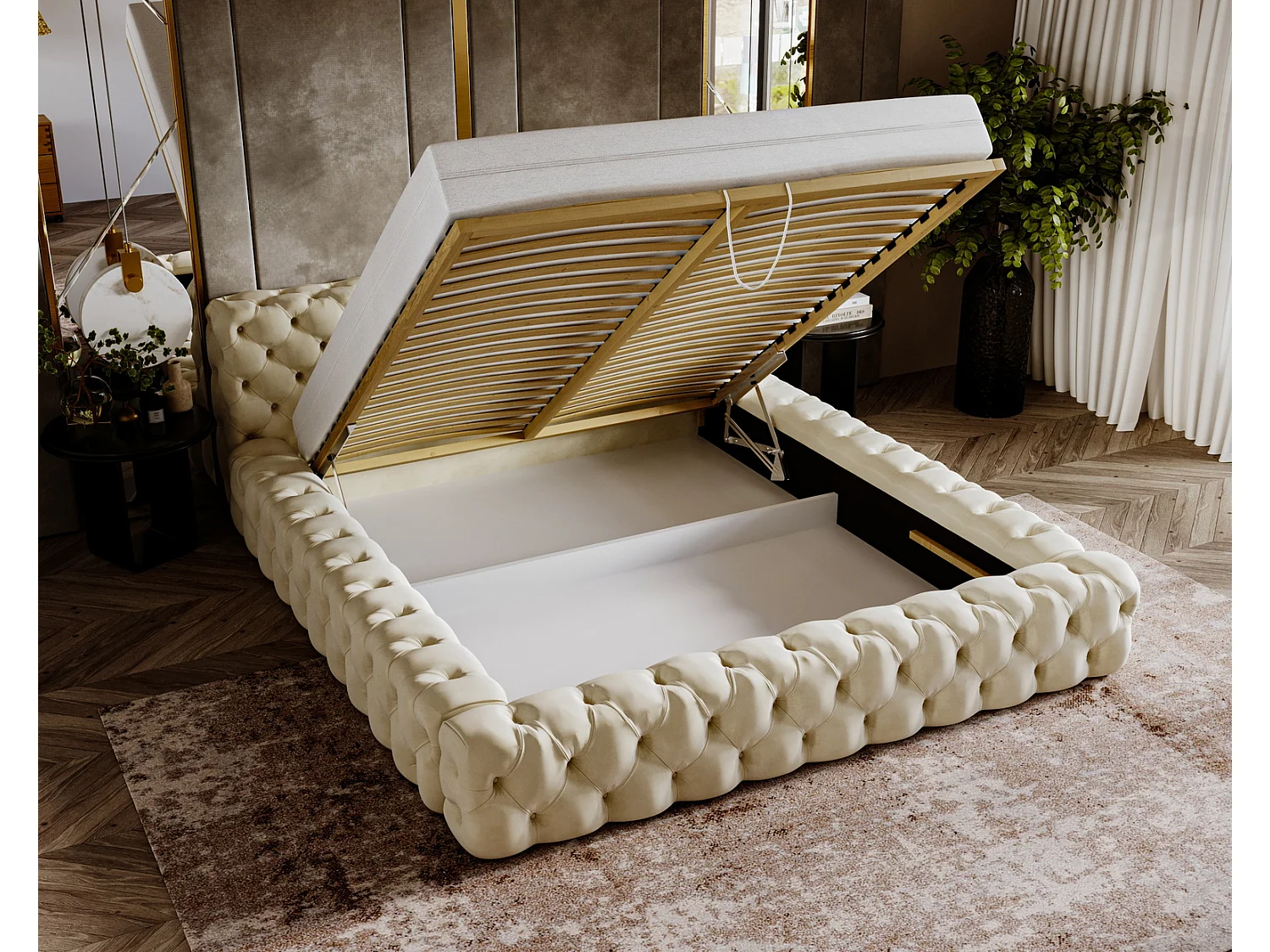 Emporius gestoffeerd bed 140x200 Vigo, bed met lattenbodem - tweepersoonsbed 140x200 cm, groot hoofdeinde - fluwelen Donkerbeige (Amor Velvet 4302)