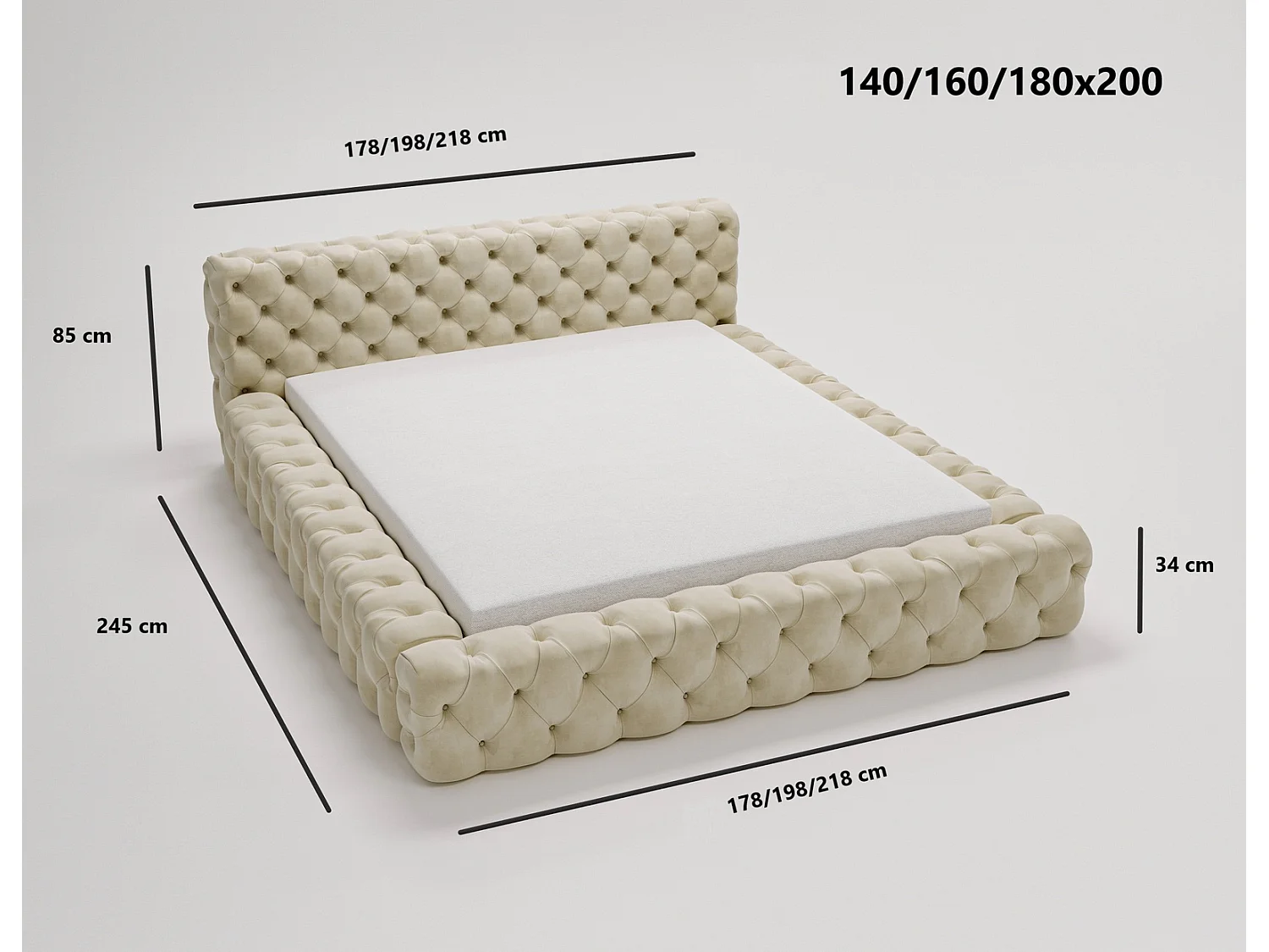 Emporius gestoffeerd bed 140x200 Vigo, bed met lattenbodem - tweepersoonsbed 140x200 cm, groot hoofdeinde - fluwelen Donkerbeige (Amor Velvet 4302)