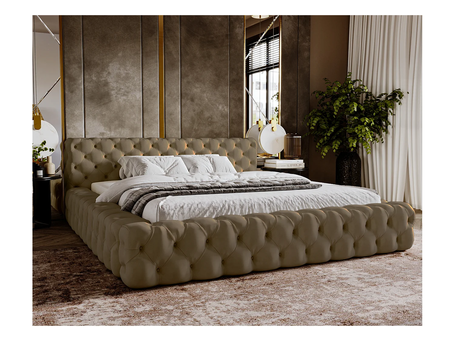 Emporius Lit rembourré avec rangement Vigo, Lit adulte 140x200 cm - Beige foncé (Amor Velvet 4302)