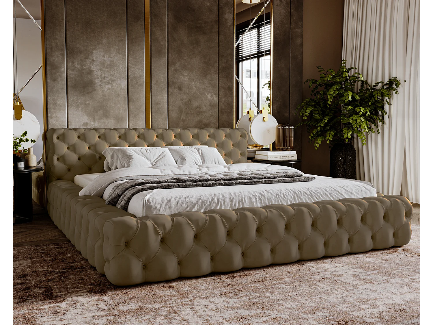 Emporius Lit rembourré avec rangement Vigo, Lit adulte 140x200 cm - Beige foncé (Amor Velvet 4302)