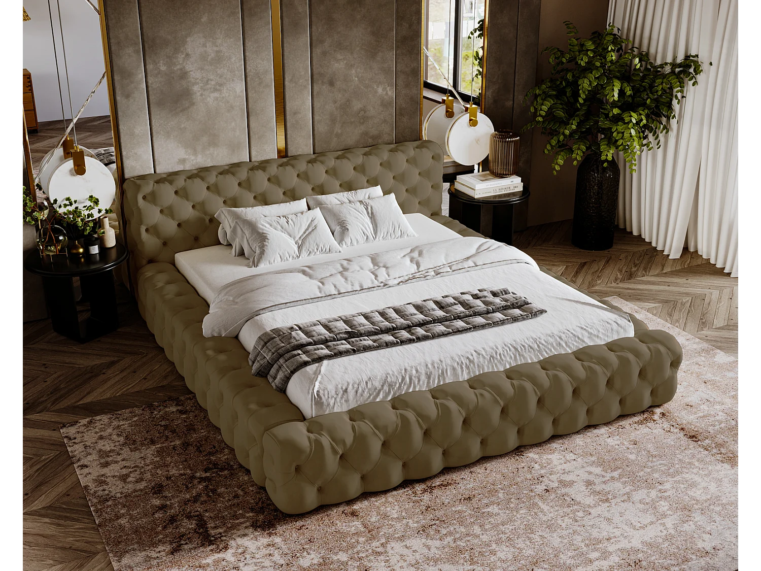 Emporius Lit rembourré avec rangement Vigo, Lit adulte 140x200 cm - Beige foncé (Amor Velvet 4302)