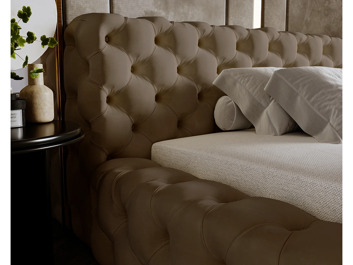 Emporius Lit rembourré avec rangement Vigo, Lit adulte 140x200 cm - Beige foncé (Amor Velvet 4302)