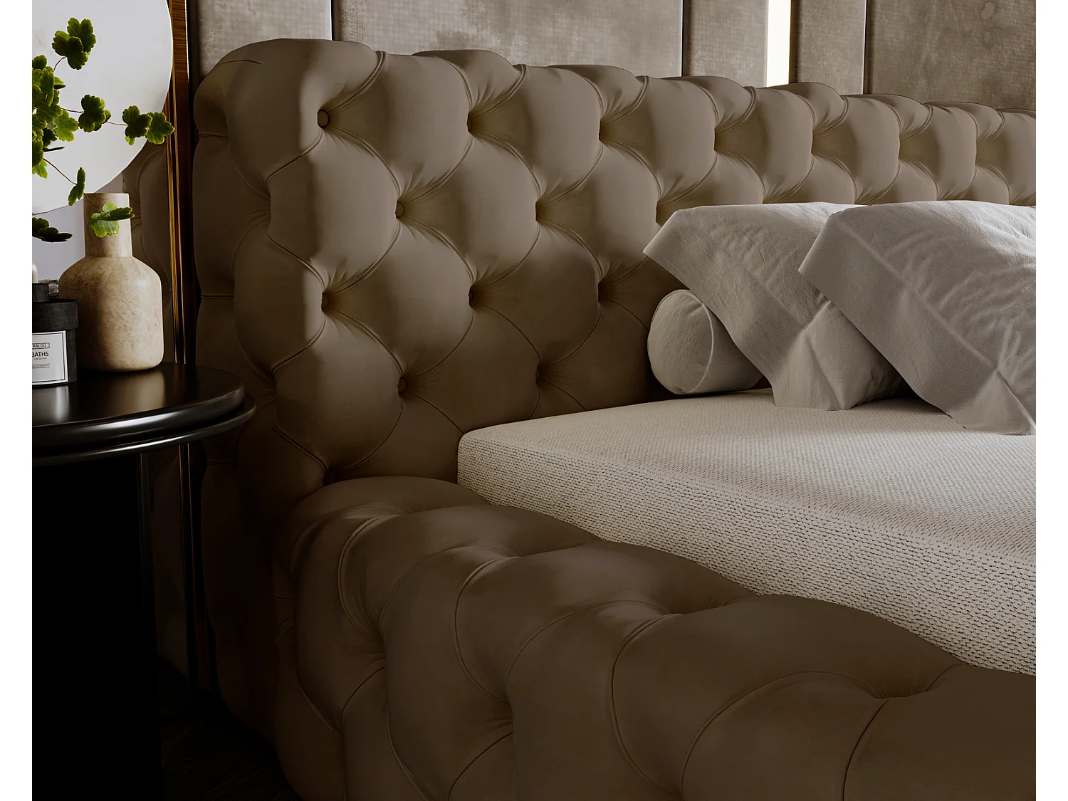 Emporius Lit rembourré avec rangement Vigo, Lit adulte 140x200 cm - Beige foncé (Amor Velvet 4302)