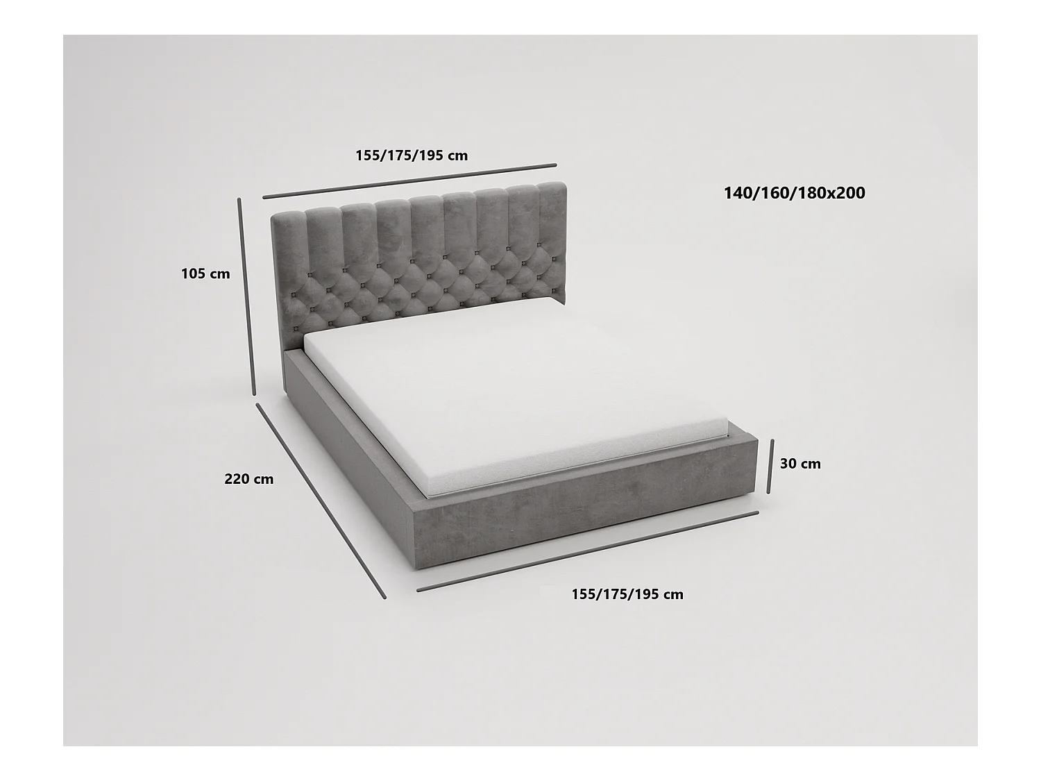 Emporius Lit rembourré 160x200 Sevilla - tête de lit, Haute rembourrée, Rangement - Lit chesterfield Gris (Magic Velvet 2217)