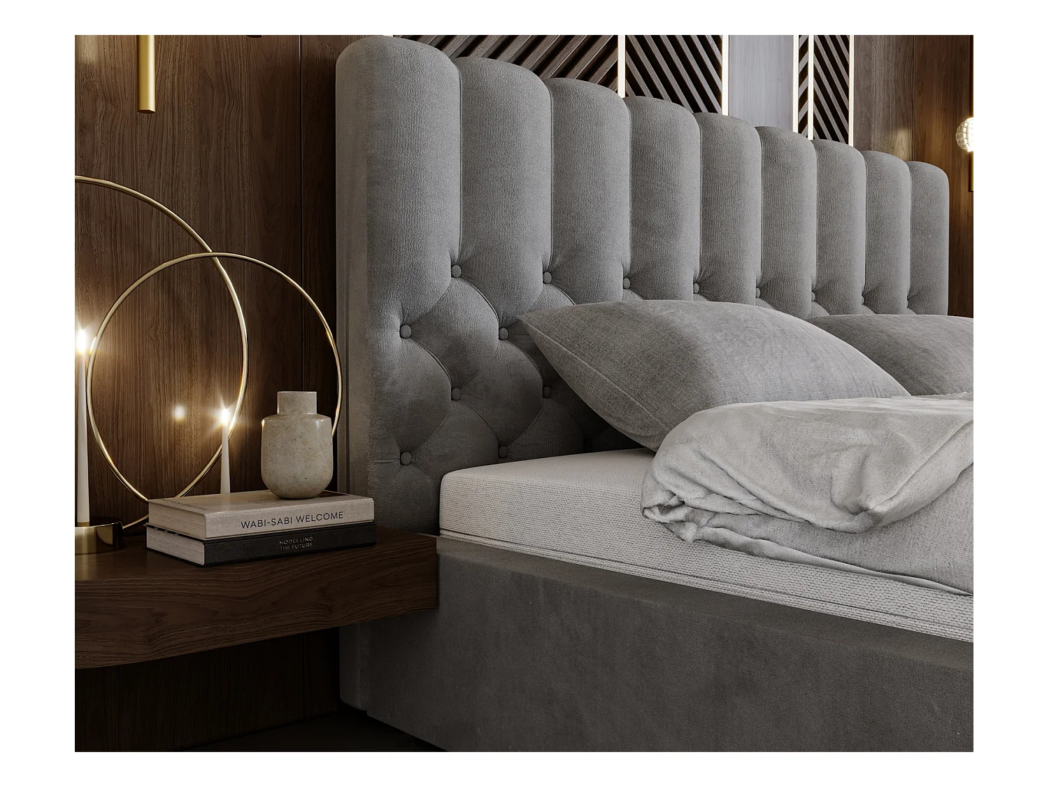 Emporius Lit rembourré 160x200 Sevilla - tête de lit, Haute rembourrée, Rangement - Lit chesterfield Gris (Magic Velvet 2217)