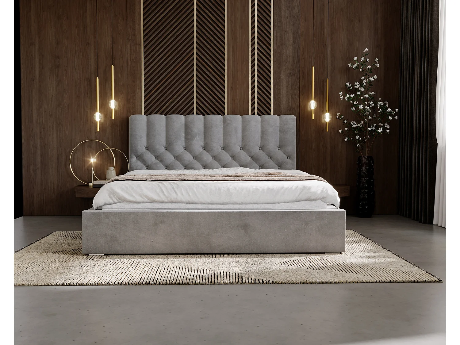 Emporius Lit rembourré 160x200 Sevilla - tête de lit, Haute rembourrée, Rangement - Lit chesterfield Gris (Magic Velvet 2217)