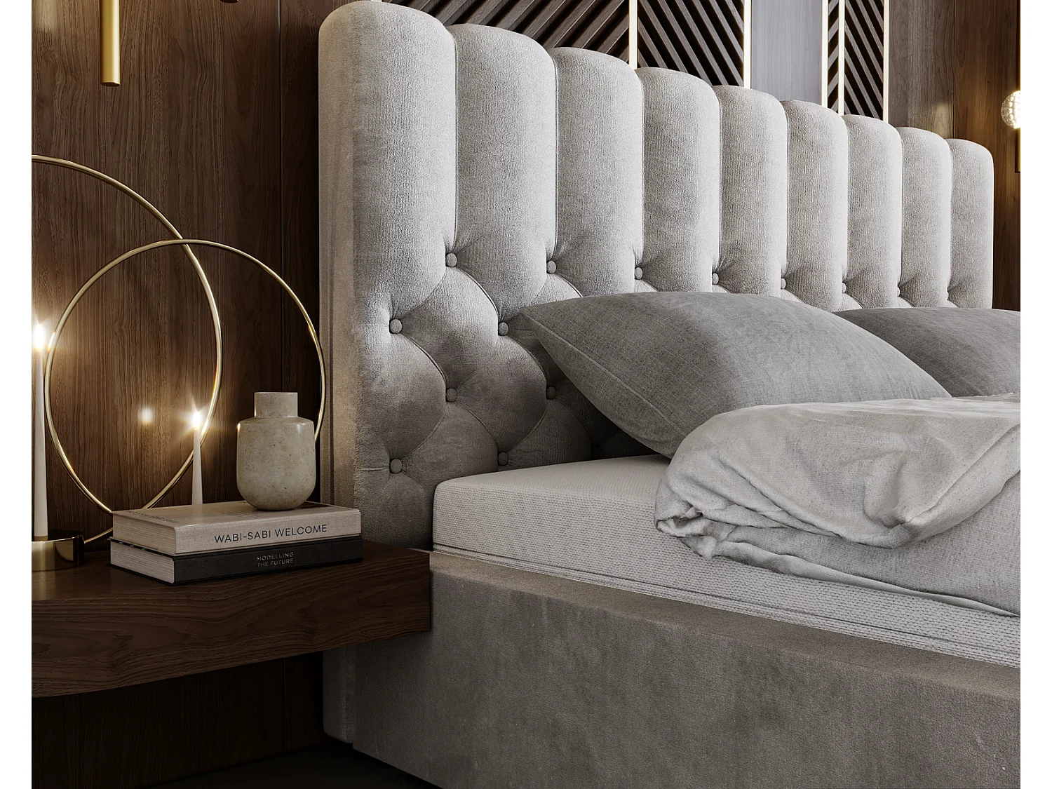 Emporius gestoffeerd bed 160x200 Sevilla, glamourstijl - Tweepersoonsbed 140x200 cm - fluwelen Lichtgrijs (Magic Velvet 2218)