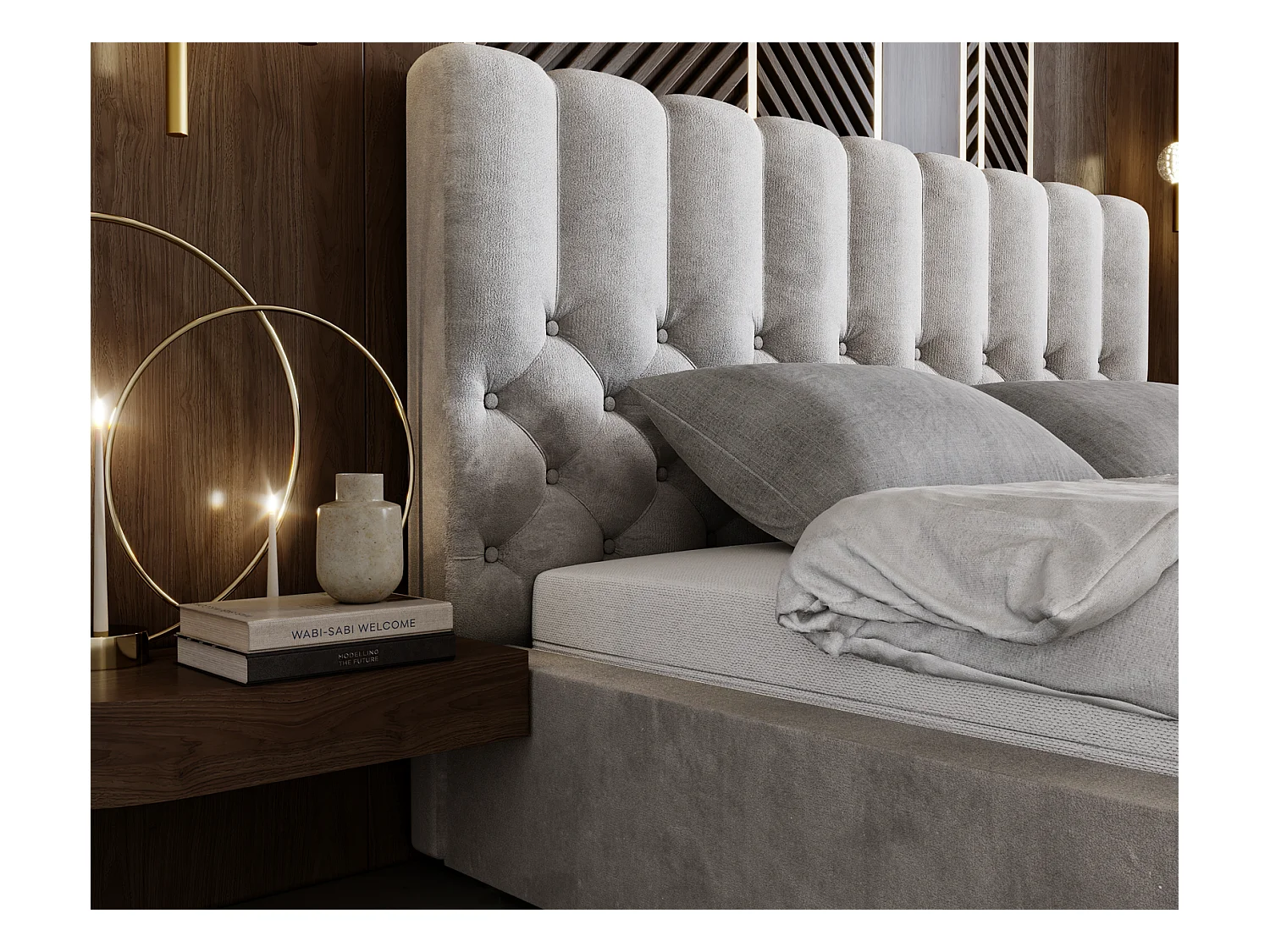 Emporius Lit rembourré 160x200 Sevilla - tête de lit, Haute rembourrée, Rangement - Lit chesterfield Gris clair (Magic Velvet 2218)