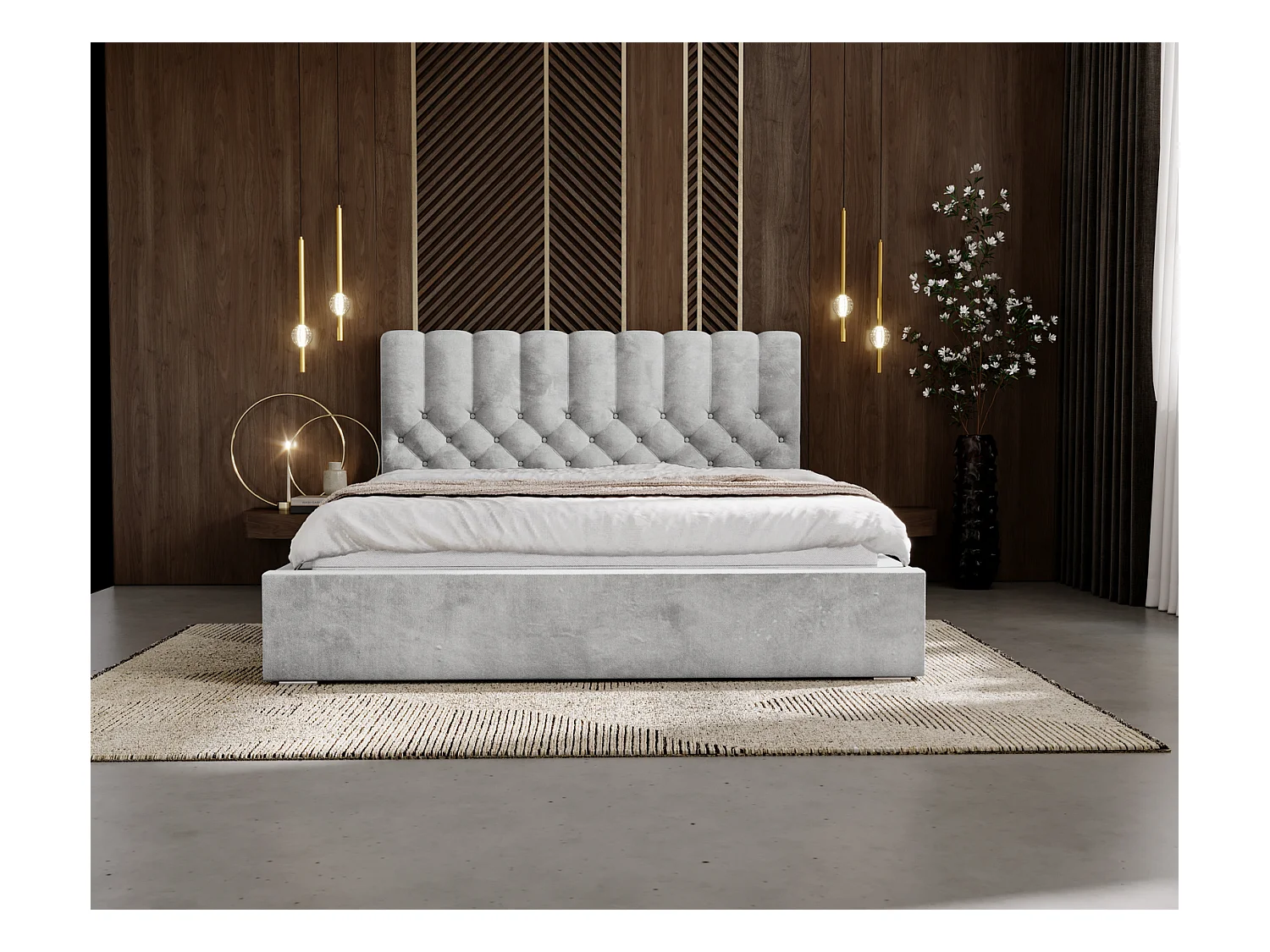 Emporius Lit rembourré 160x200 Sevilla - tête de lit, Haute rembourrée, Rangement - Lit chesterfield Gris clair (Magic Velvet 2218)