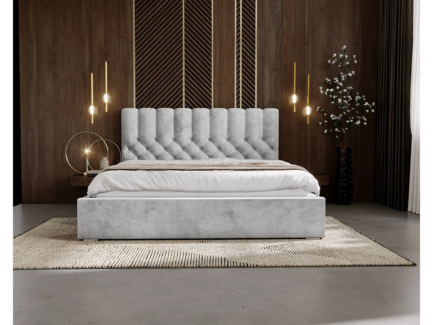 Emporius Lit rembourré 160x200 Sevilla - tête de lit, Haute rembourrée, Rangement - Lit chesterfield Gris clair (Magic Velvet 2218)