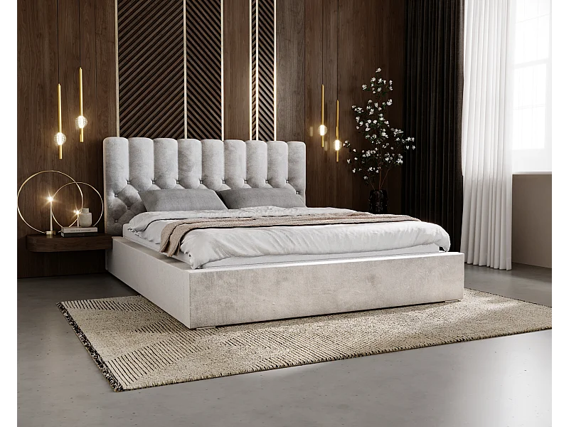 Emporius Lit rembourré 160x200 Sevilla - tête de lit, Haute rembourrée, Rangement - Lit chesterfield Gris clair (Magic Velvet 2218)